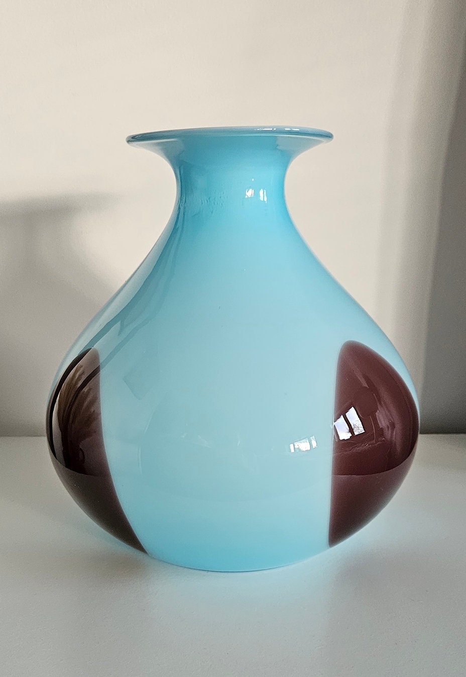 Large Retro Vintage Blue & Brown Bulbous Glass Vase