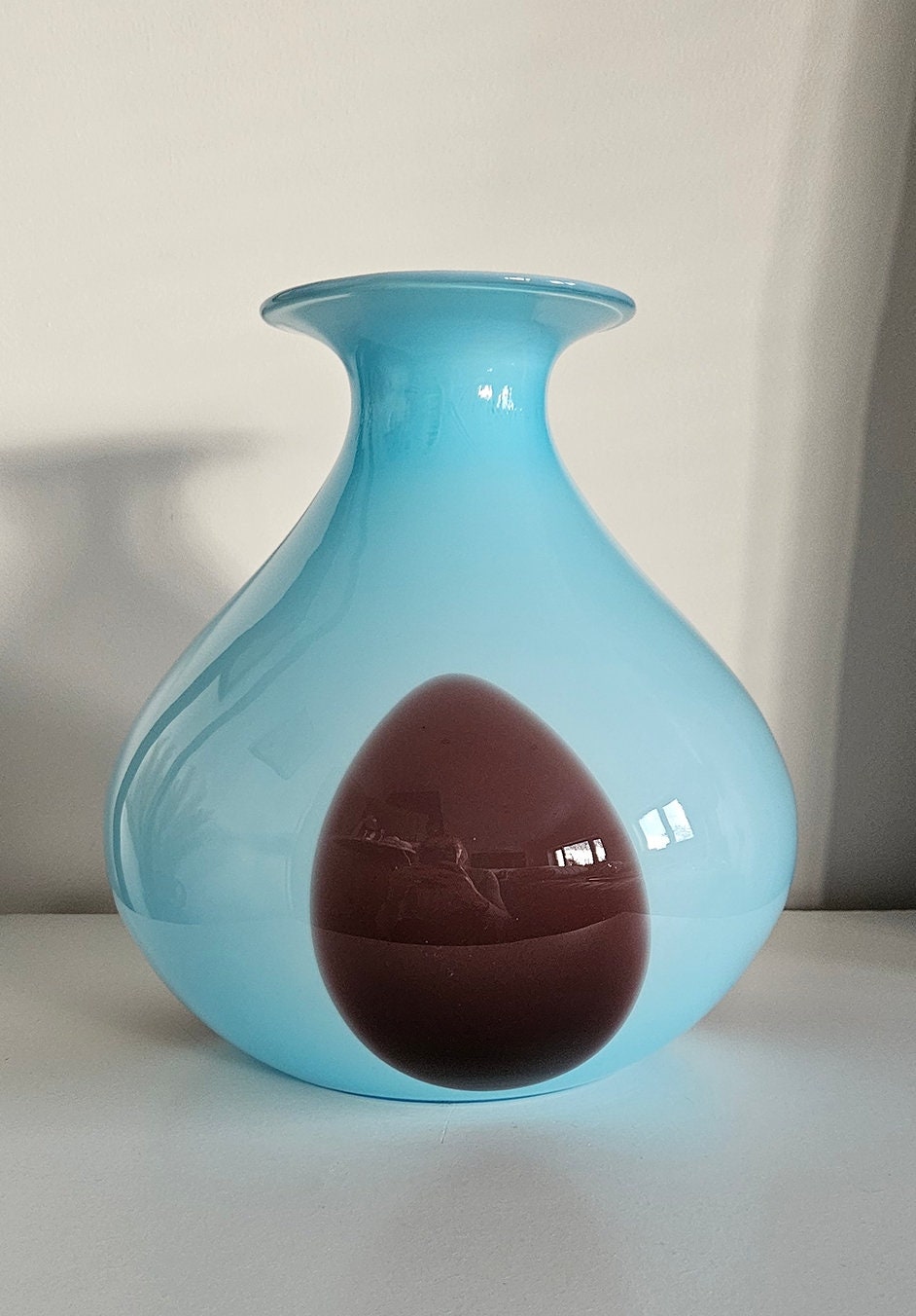 Large Retro Vintage Blue & Brown Bulbous Glass Vase