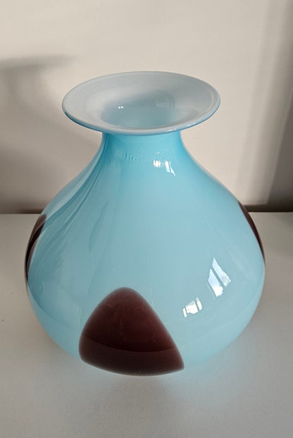 Large Retro Vintage Blue & Brown Bulbous Glass Vase