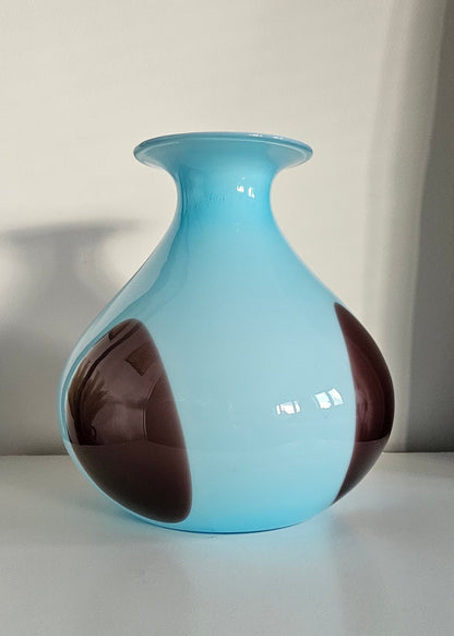 Large Retro Vintage Blue & Brown Bulbous Glass Vase