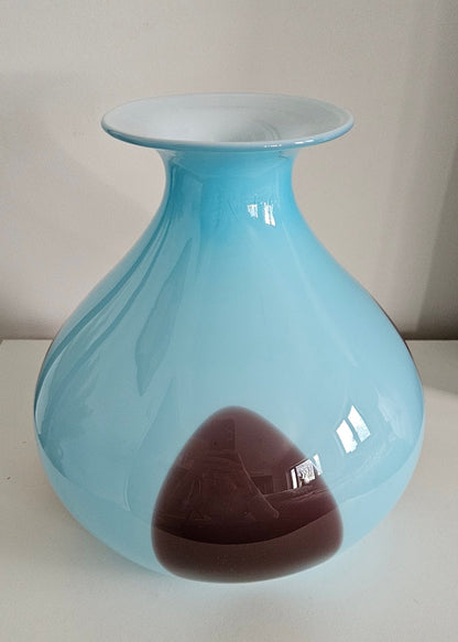 Large Retro Vintage Blue & Brown Bulbous Glass Vase