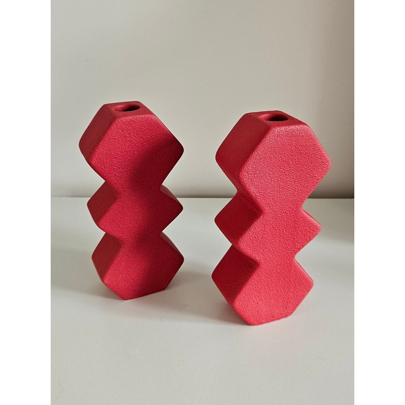 Pair Of Red Contemporary Zig Zag Candlestick Holders