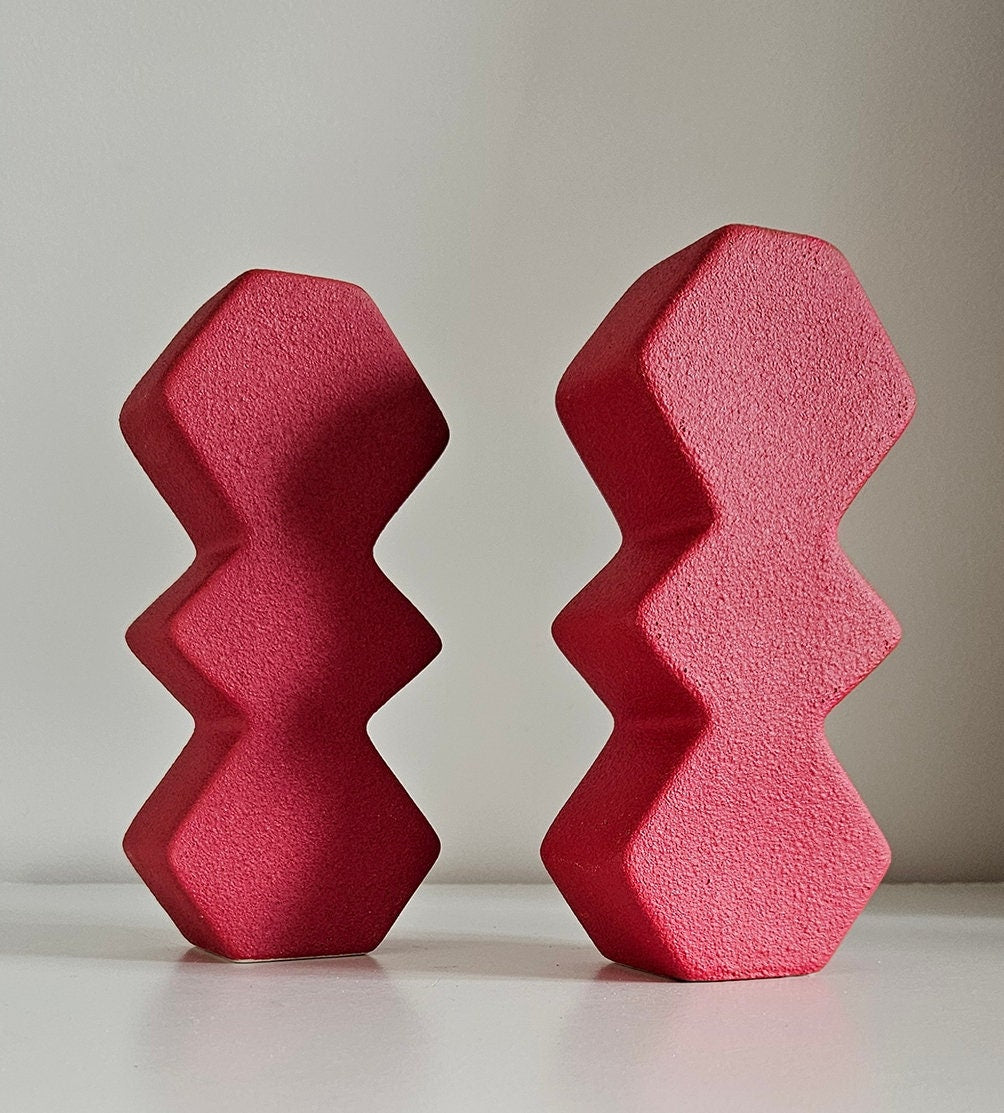 Pair Of Red Contemporary Zig Zag Candlestick Holders