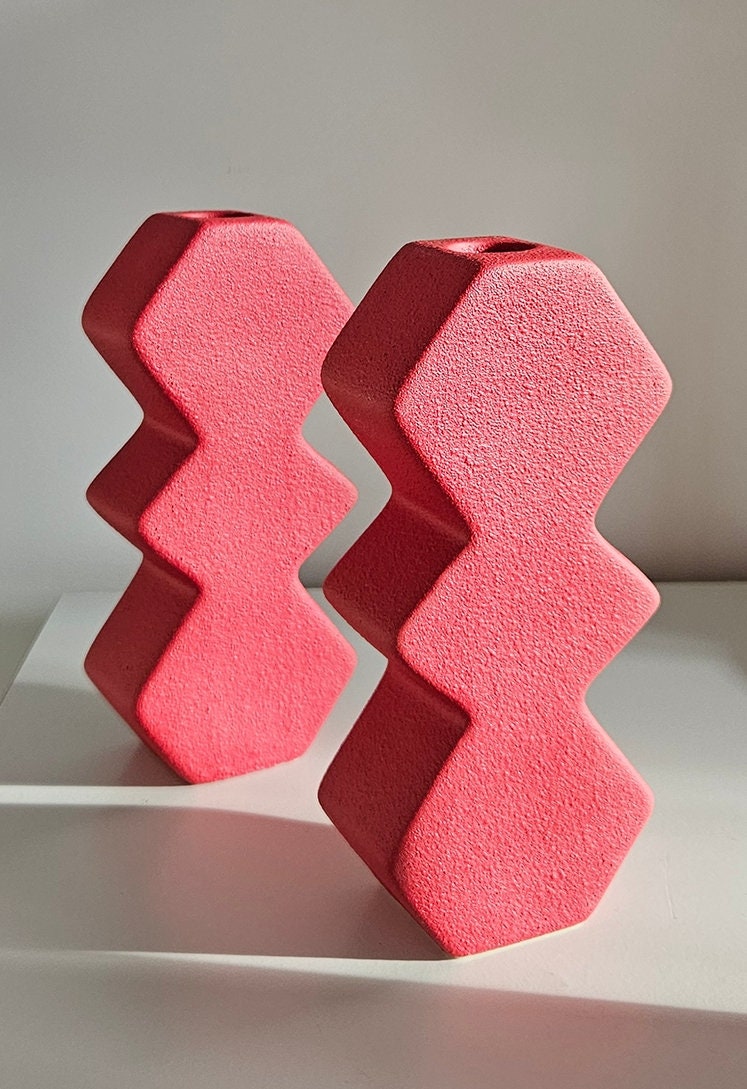 Pair Of Red Contemporary Zig Zag Candlestick Holders