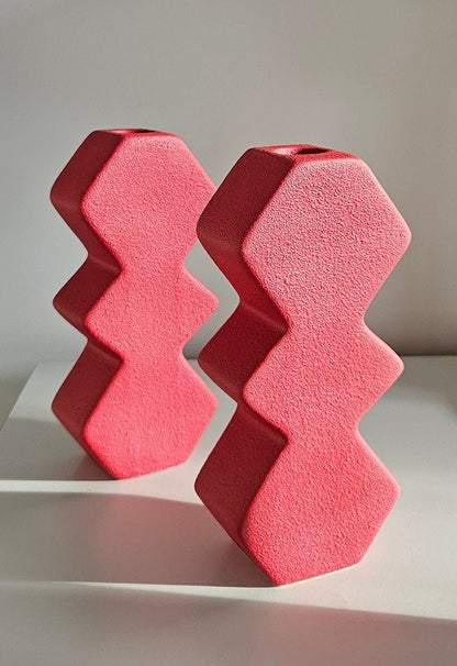 Pair Of Red Contemporary Zig Zag Candlestick Holders