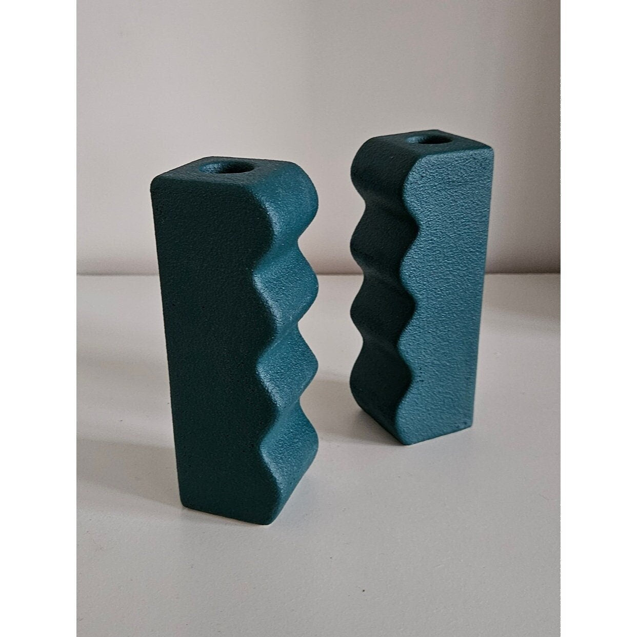 Pair Of Green Contemporary Wavy Candlestick Holders