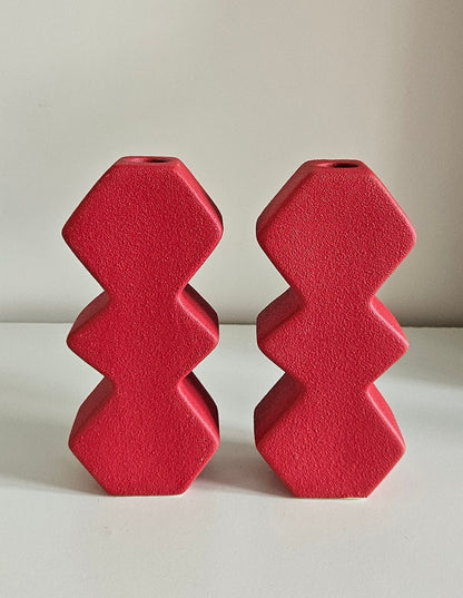 Pair Of Red Contemporary Zig Zag Candlestick Holders