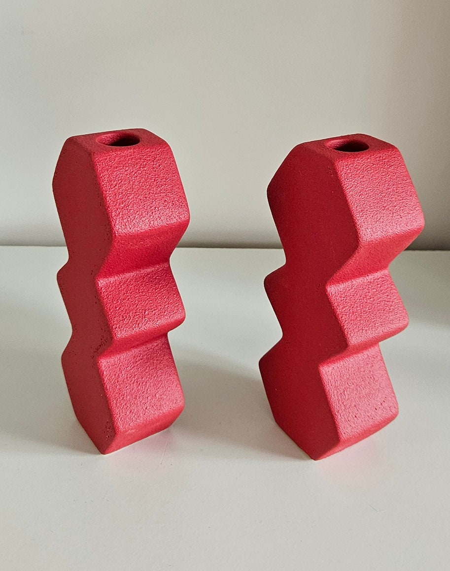 Pair Of Red Contemporary Zig Zag Candlestick Holders