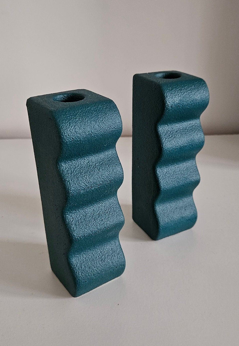 Pair Of Green Contemporary Wavy Candlestick Holders