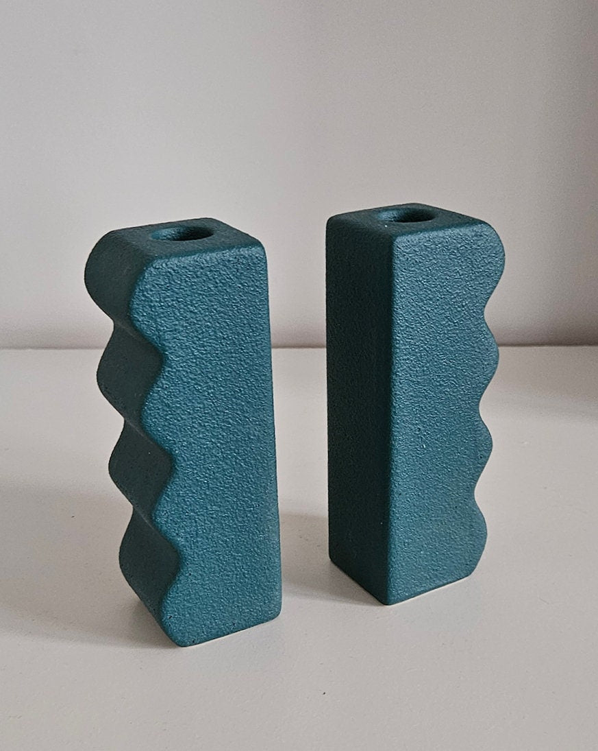 Pair Of Green Contemporary Wavy Candlestick Holders