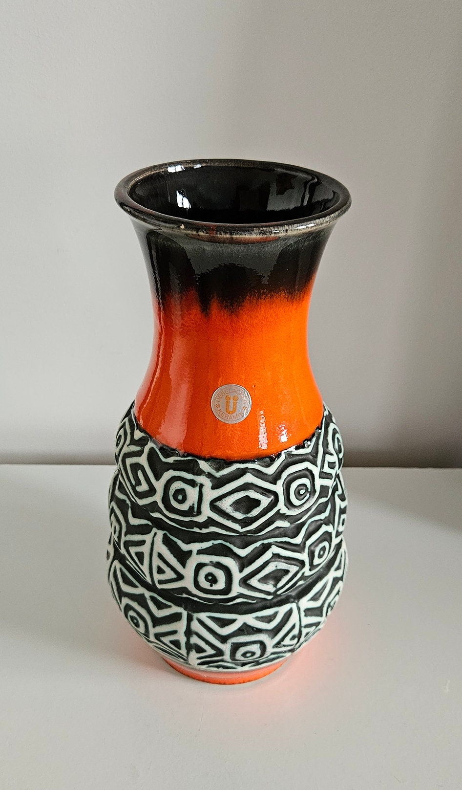 Mid-Century Uebelacker/U Keramik Orange, Black & White Vase