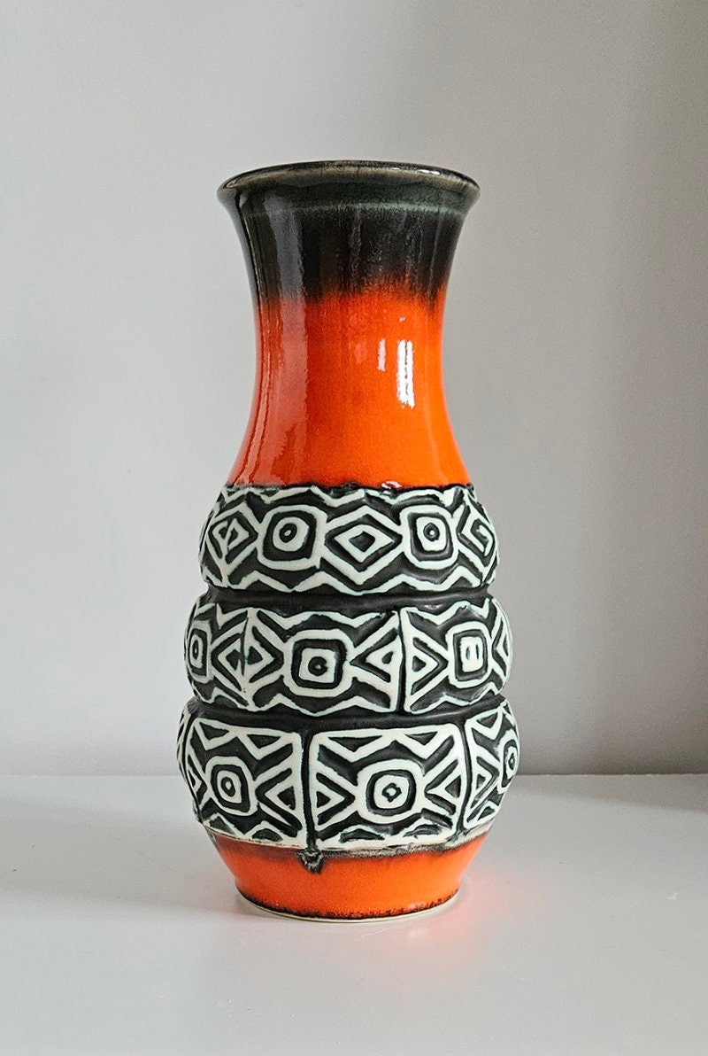 Mid-Century Uebelacker/U Keramik Orange, Black & White Vase