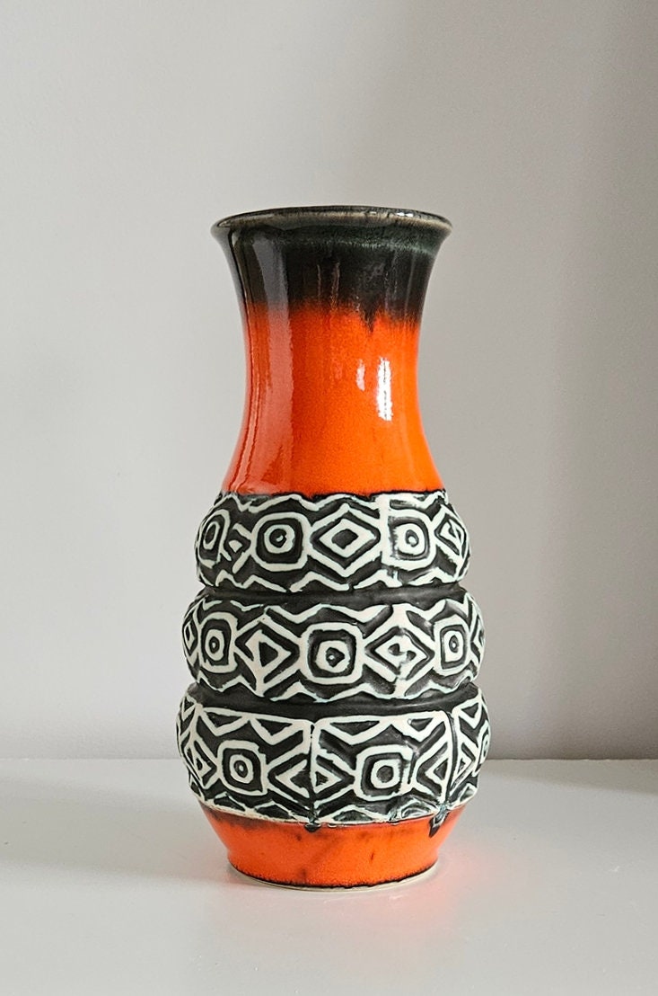 Mid-Century Uebelacker/U Keramik Orange, Black & White Vase