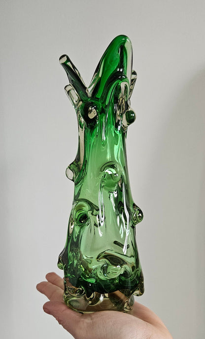 Mid Century Green Knobbly Design Glass Vase