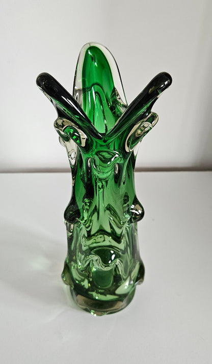 Mid Century Green Knobbly Design Glass Vase