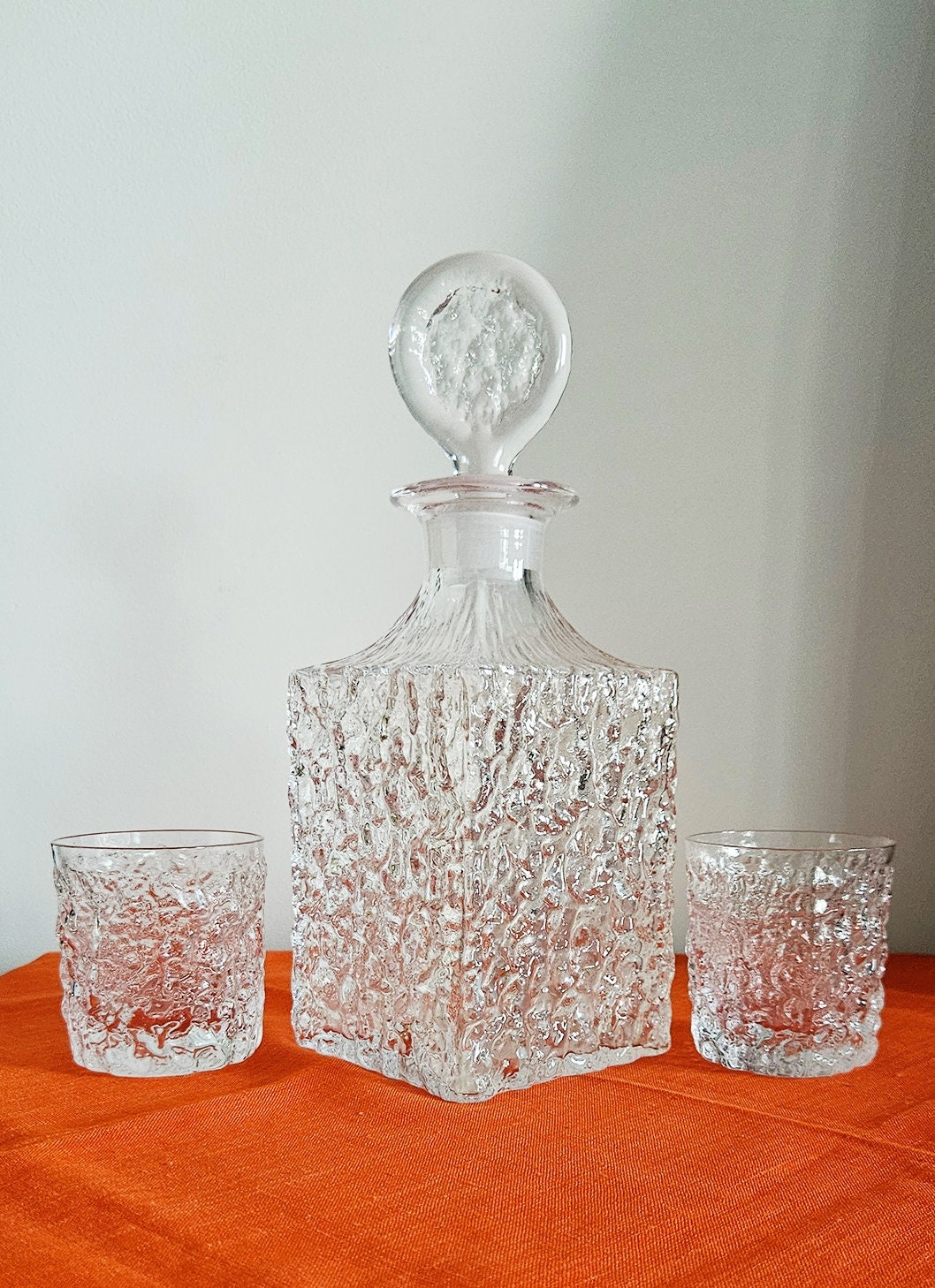 Vintage Whitefriars Glacier Decanter With Stopper & Two Glasses