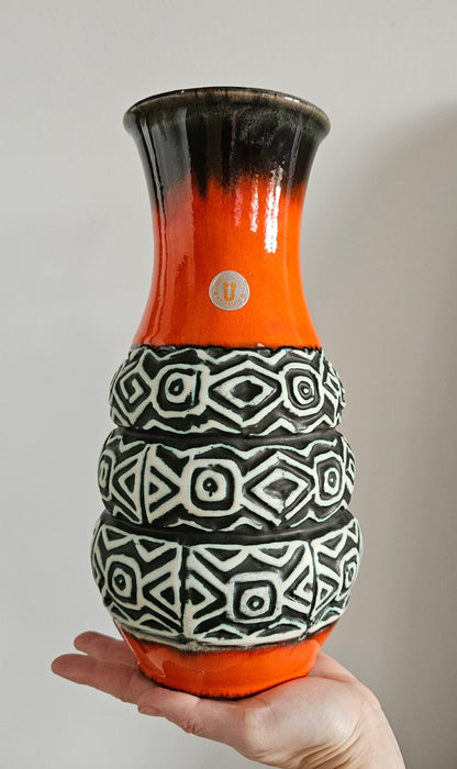 Mid-Century Uebelacker/U Keramik Orange, Black & White Vase