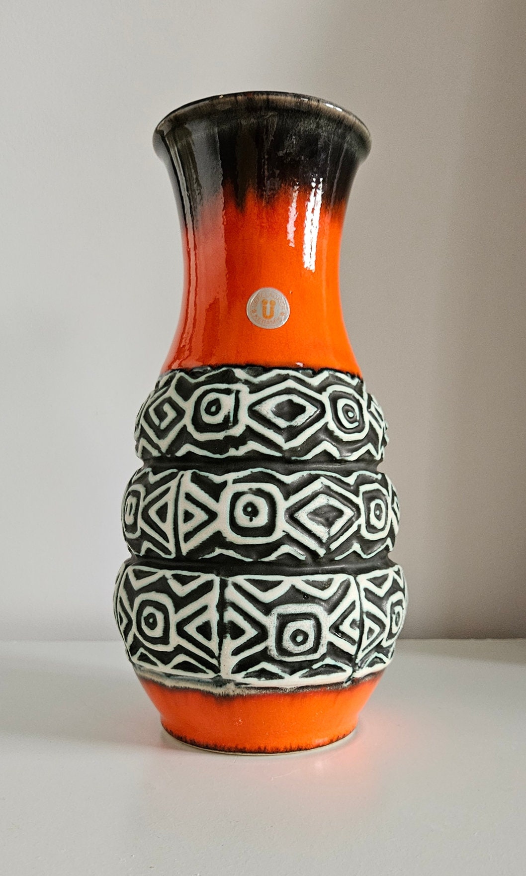 Mid-Century Uebelacker/U Keramik Orange, Black & White Vase