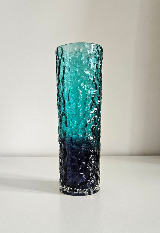 Mid-Century Japanese Textured Bark Blue Glass Vase