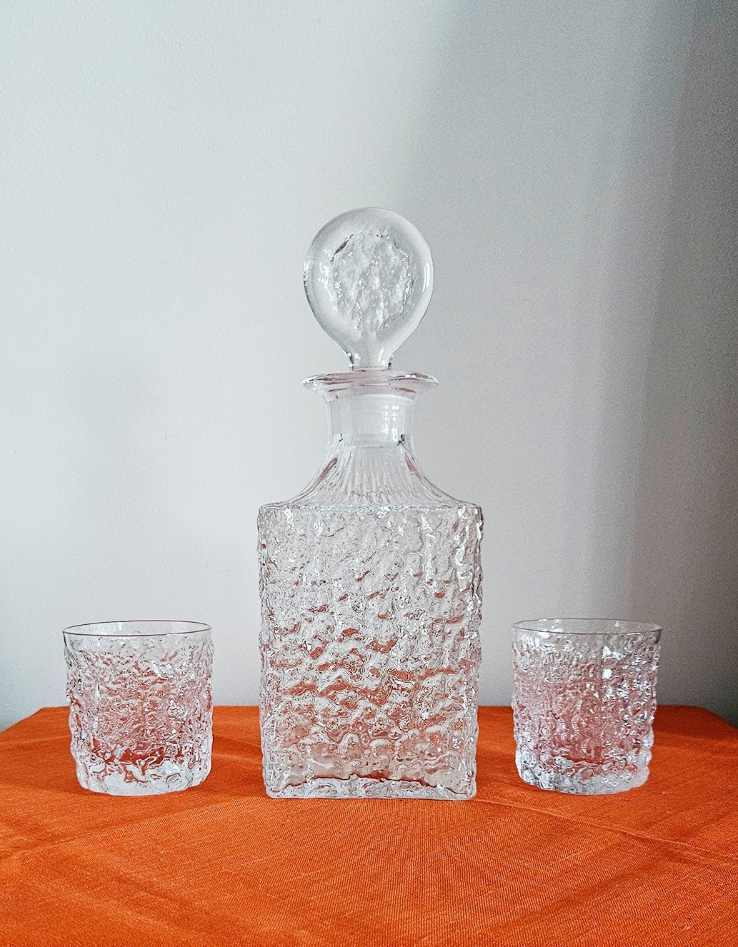 Vintage Whitefriars Glacier Decanter With Stopper & Two Glasses