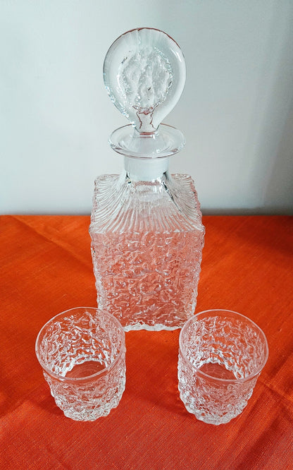 Vintage Whitefriars Glacier Decanter With Stopper & Two Glasses