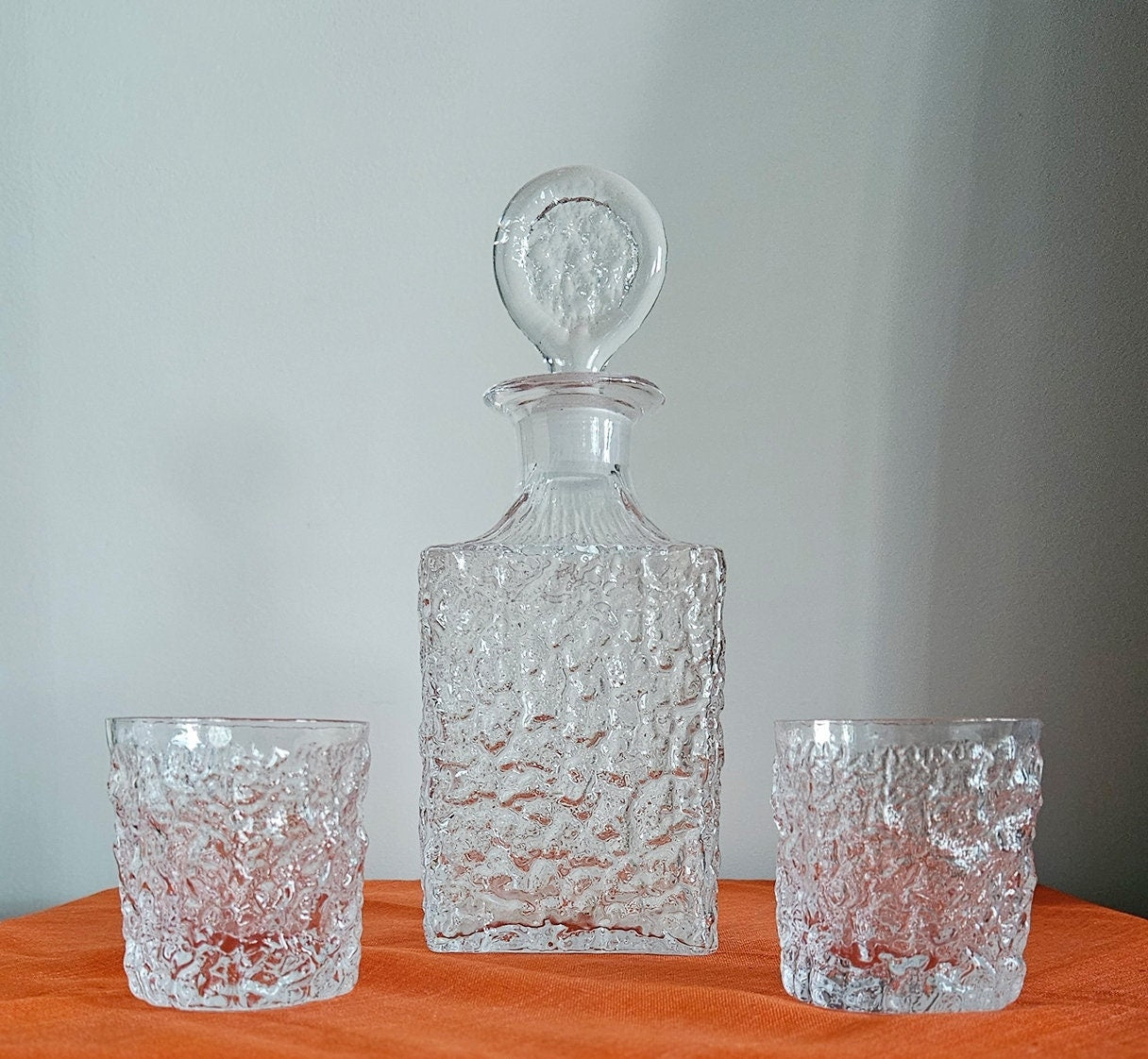 Vintage Whitefriars Glacier Decanter With Stopper & Two Glasses