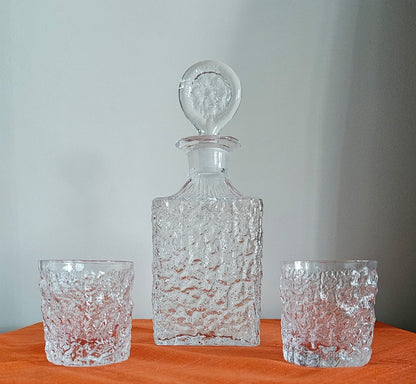 Vintage Whitefriars Glacier Decanter With Stopper & Two Glasses