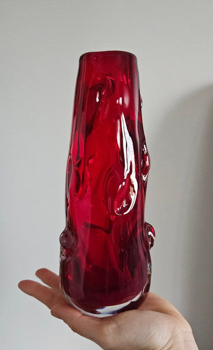 Vintage Whitefriars Ruby Red Glass Knobbly Vase