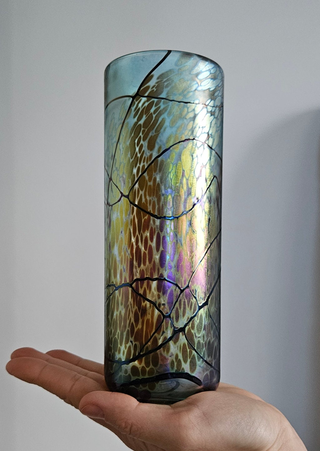 Stunning Okra Art Glass Vase With Iridescent Lustre Signed By Dean Hopkins