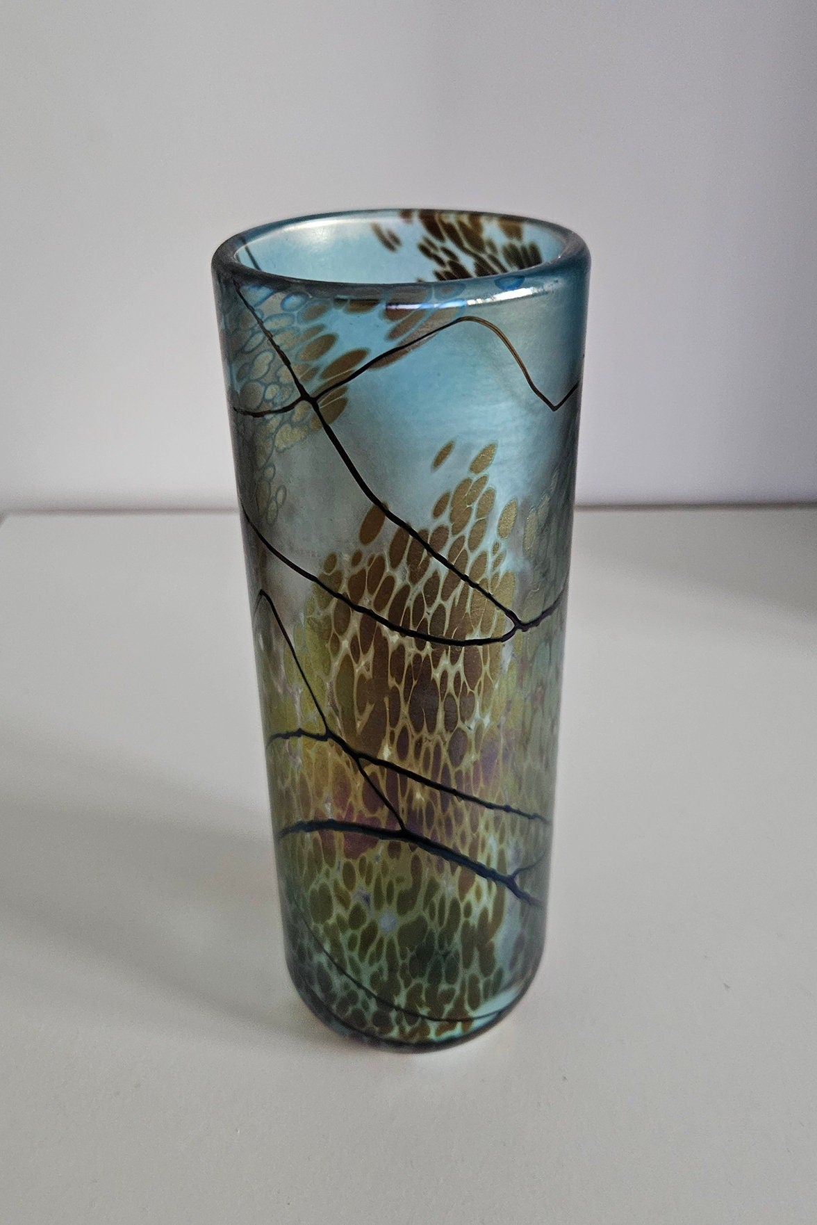 Stunning Okra Art Glass Vase With Iridescent Lustre Signed By Dean Hopkins