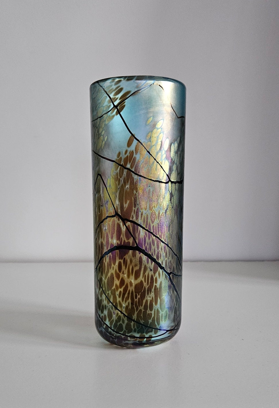 Stunning Okra Art Glass Vase With Iridescent Lustre Signed By Dean Hopkins