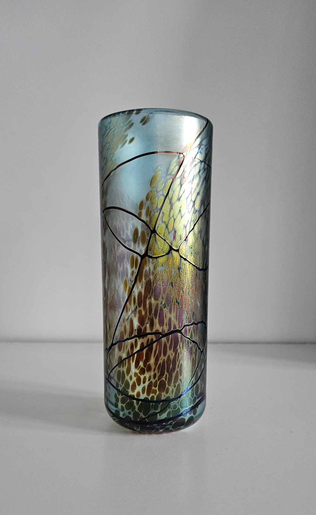 Stunning Okra Art Glass Vase With Iridescent Lustre Signed By Dean Hopkins