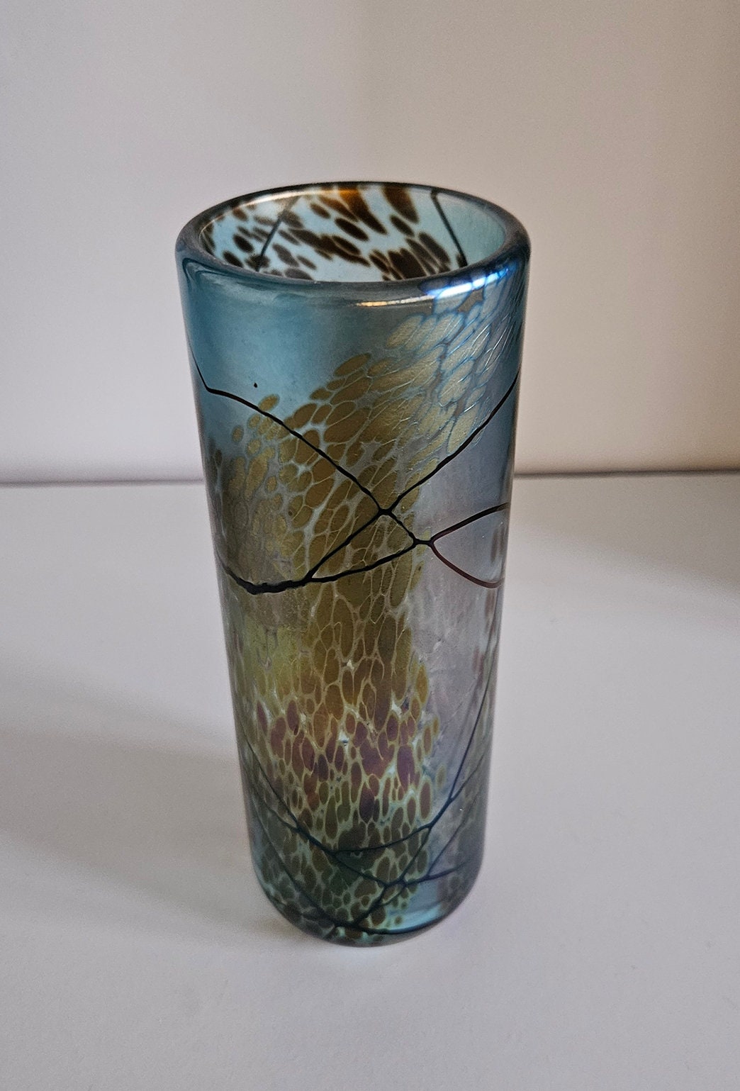 Stunning Okra Art Glass Vase With Iridescent Lustre Signed By Dean Hopkins