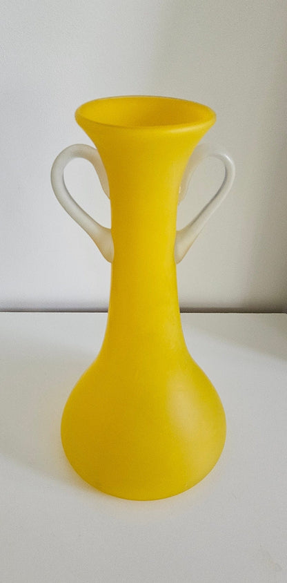 Mid-Century Italian Frosted Yellow Glass Vase With Handles