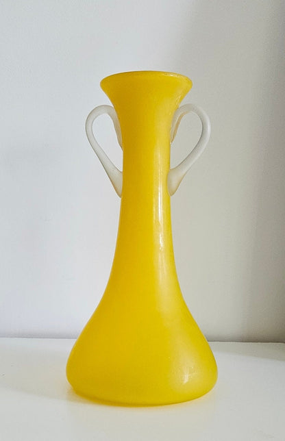 Mid-Century Italian Frosted Yellow Glass Vase With Handles