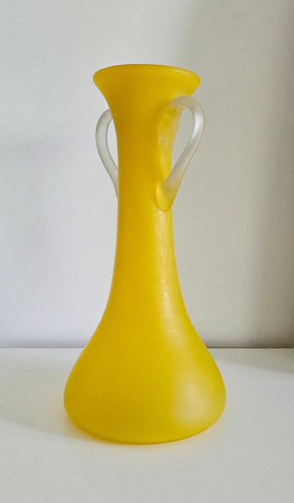 Mid-Century Italian Frosted Yellow Glass Vase With Handles