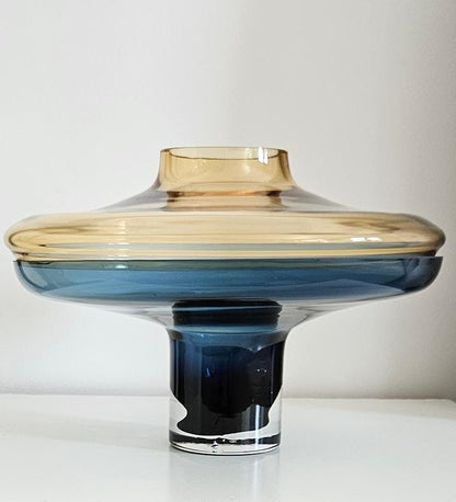 Designer Global Views Large 2 Piece Amber Over Cobalt Blue Lidded Vase