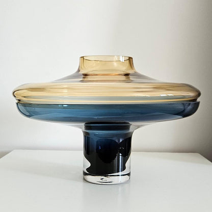 Designer Global Views Large 2 Piece Amber Over Cobalt Blue Lidded Vase