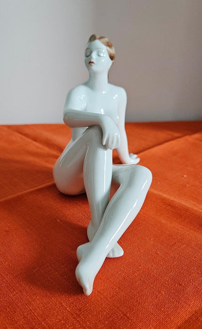 Vintage Hungarian Hollohaza Porcelain Sitting Nude Lady Figurine