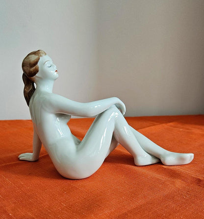 Vintage Hungarian Hollohaza Porcelain Sitting Nude Lady Figurine