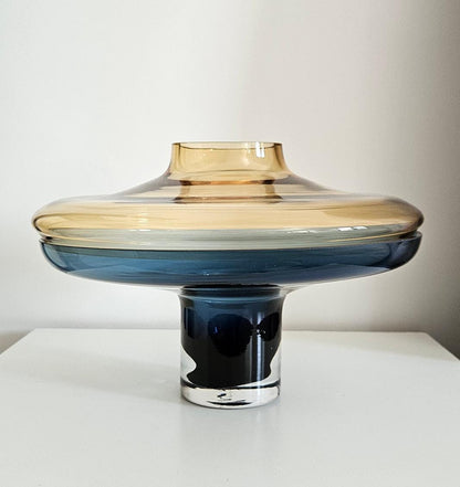 Designer Global Views Large 2 Piece Amber Over Cobalt Blue Lidded Vase