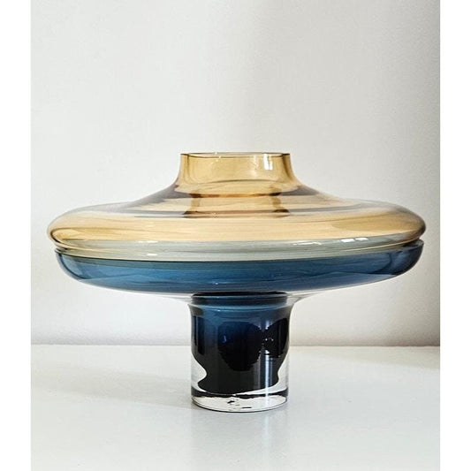 Designer Global Views Large 2 Piece Amber Over Cobalt Blue Lidded Vase