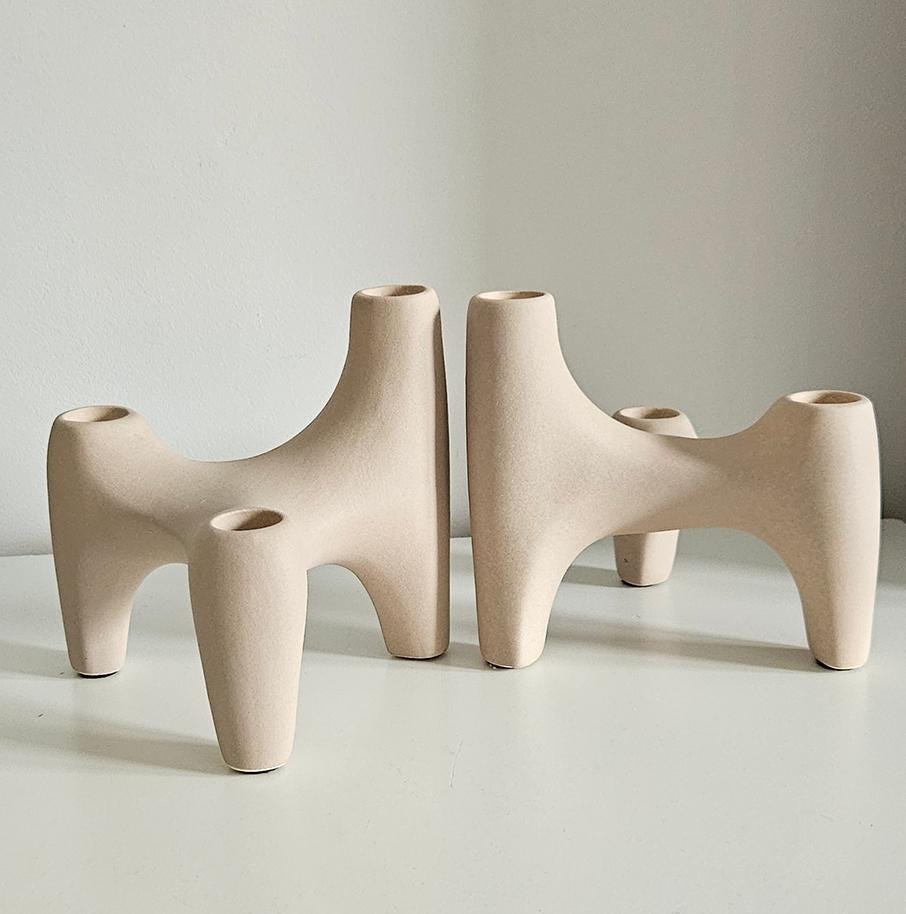 Set Of Two Beige Stoneware Candlestick Holders