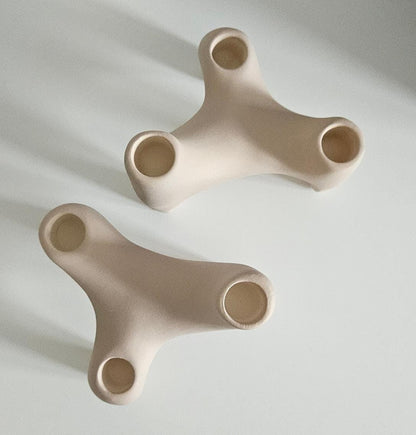 Set Of Two Beige Stoneware Candlestick Holders