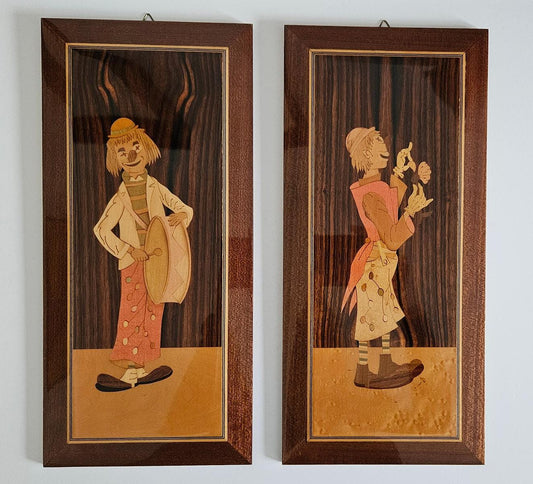 Vintage Italian Sorrento Marquetry Clown Wall Plaques