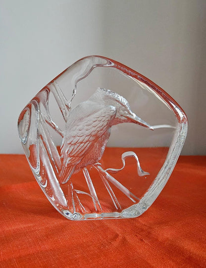 Mats Jonasson Glass Kingfisher Bird Paperweight - Signed