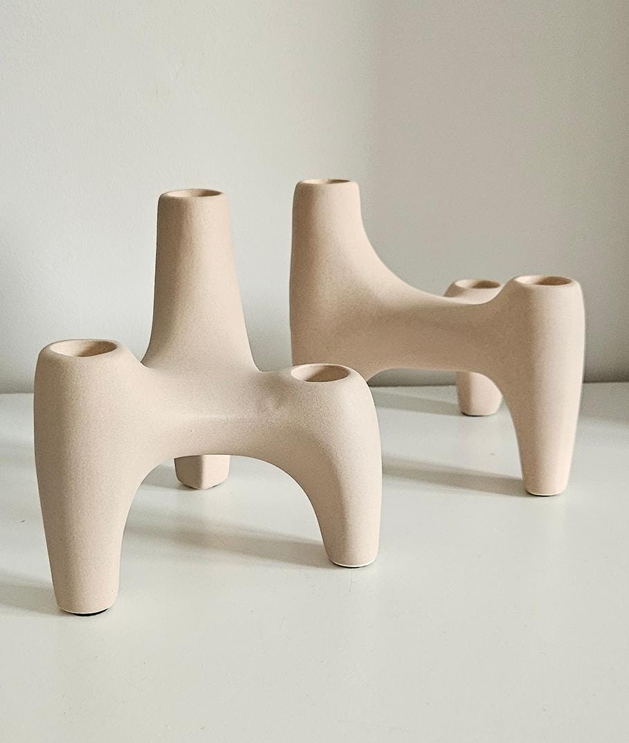 Set Of Two Beige Stoneware Candlestick Holders