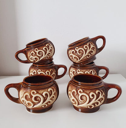 Mid-Century 3D Decorative Ceramic Coffee/Tea Cups, Set Of Six