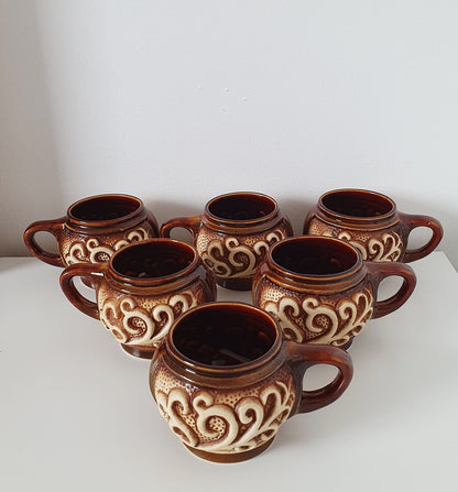 Mid-Century 3D Decorative Ceramic Coffee/Tea Cups, Set Of Six