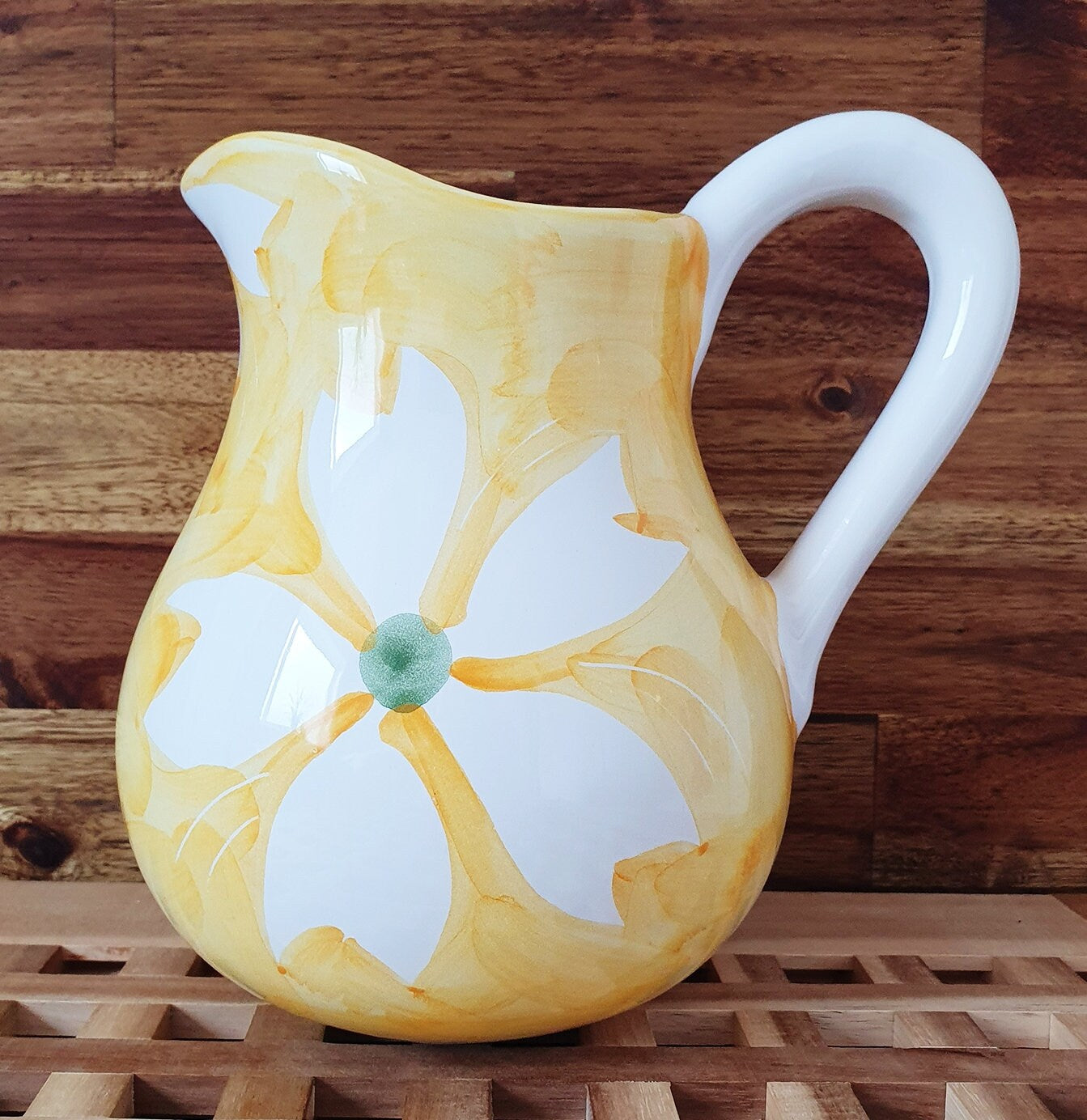 Lovely Hand-Painted Jug/Pitcher In Yellow/White